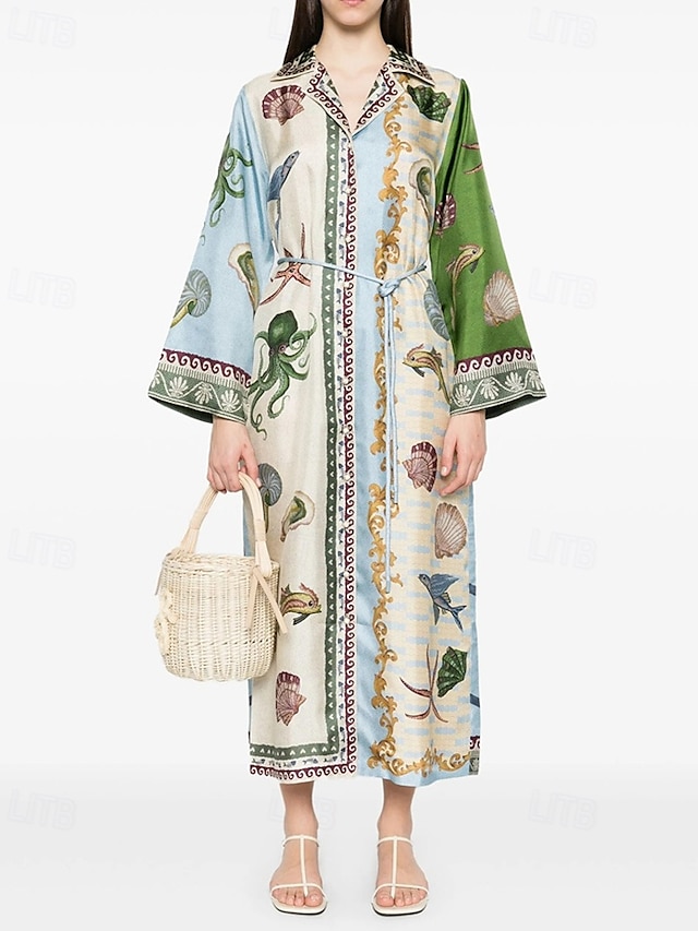  Per donna Abito Lungo Maxi Abito Abiti in cotone e lino Vestito Casual Moda All'aperto Feste Ferie Vestibilità regolare Animale Manica Lunga Colletto a Camicia Blu Estate