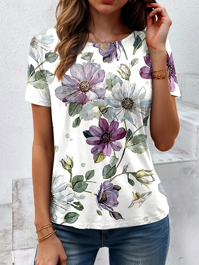 Women's T Shirt Floral Graphic Plants Vintage Stylish Classic Short Sleeve Crew Neck Round Neck Regular Tops Daily Print Purple Summer4
