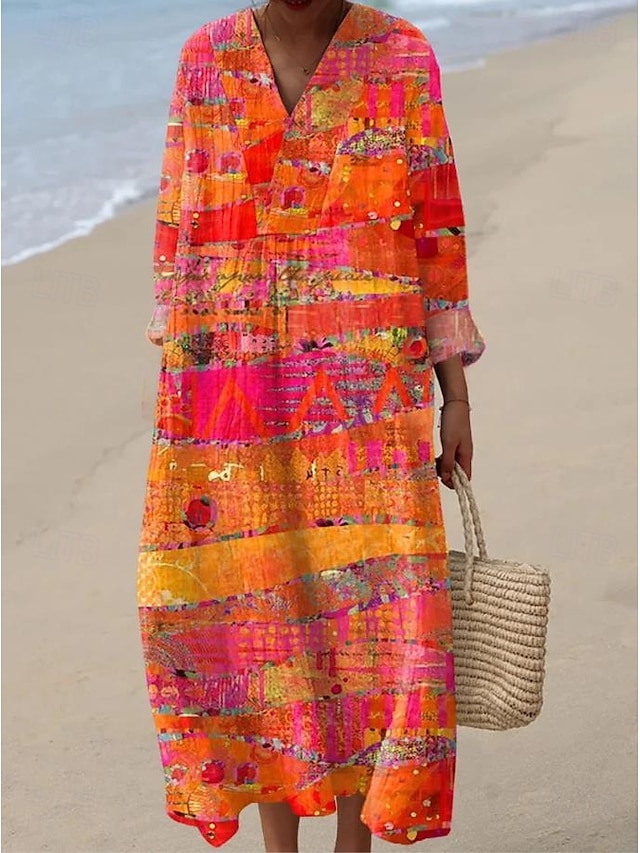  Femmes Robe Midi Robe d'Été Robe trapèze Vacances Occasionnel Boho Soirée Sortir Plage Graphique Géométrique Rayure manche longue Col en V Frêne Jaune Rose Claire Orange Été Printemps