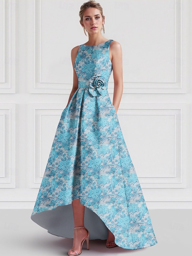  Jacquard A-line koktejlové šaty Elegantní šaty Formální svatební Asymetrické bez rukávů Kulatý výstřih nylon s květinovým potiskem Kapsa šaty pro svatební hosty