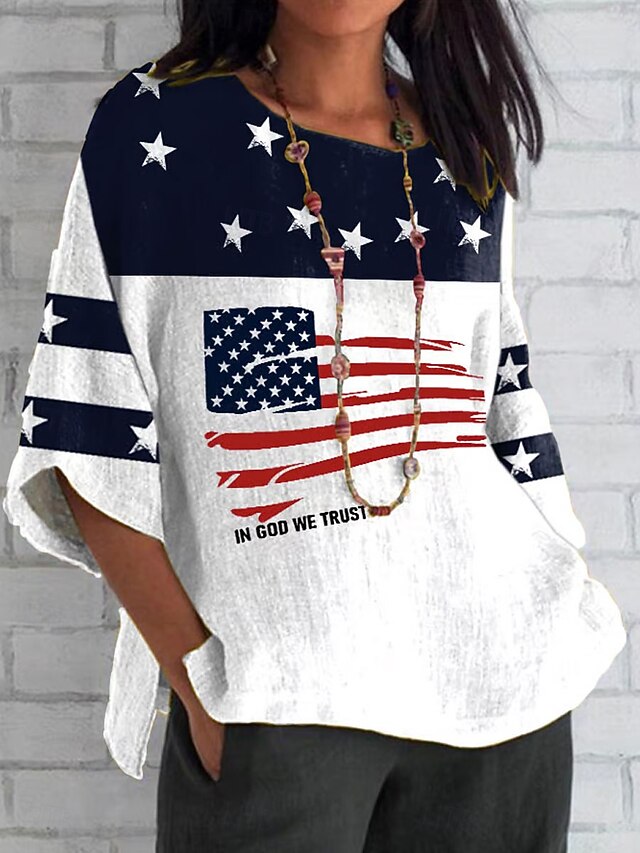 Women's Patriotic  Summer Tops Graphic Flag Vintage Casual 3/4 Length Sleeve Crew Neck Regular Tops Daily Print White Summer Spring4