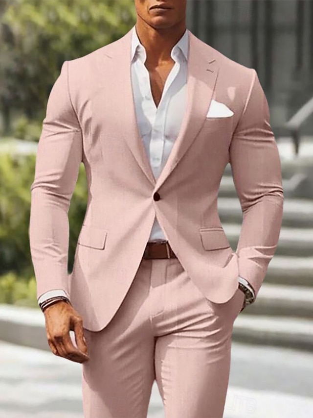  Trajes de boda casuales de lino para hombres verde guisante rosa de verano color sólido ajuste estándar 2 piezas de un solo botón