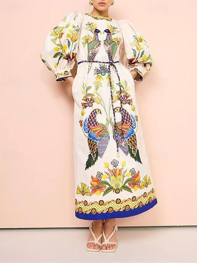  Damen Langes Kleid Maxikleid Baumwoll-Leinen-Kleider Freizeitkleid Mode Outdoor Party Ferien Normale Passform Tiermotiv Langarm Rundhalsausschnitt Beige Sommer