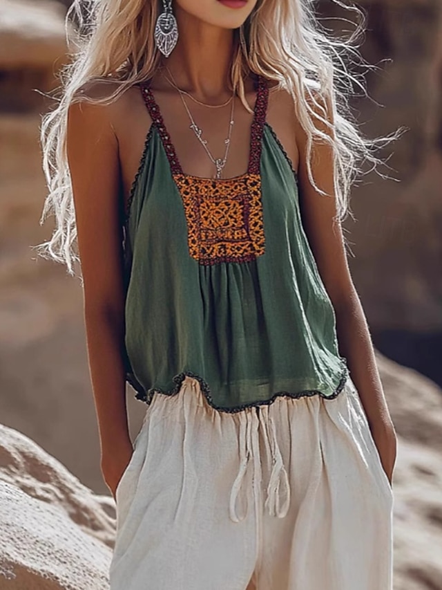  Femmes Chemise Bohème Chemisier Fleur Moderne Occasionnel Boho Sans manches Col en V Hauts Réguliers Fête Sortir Imprimé Vert Été