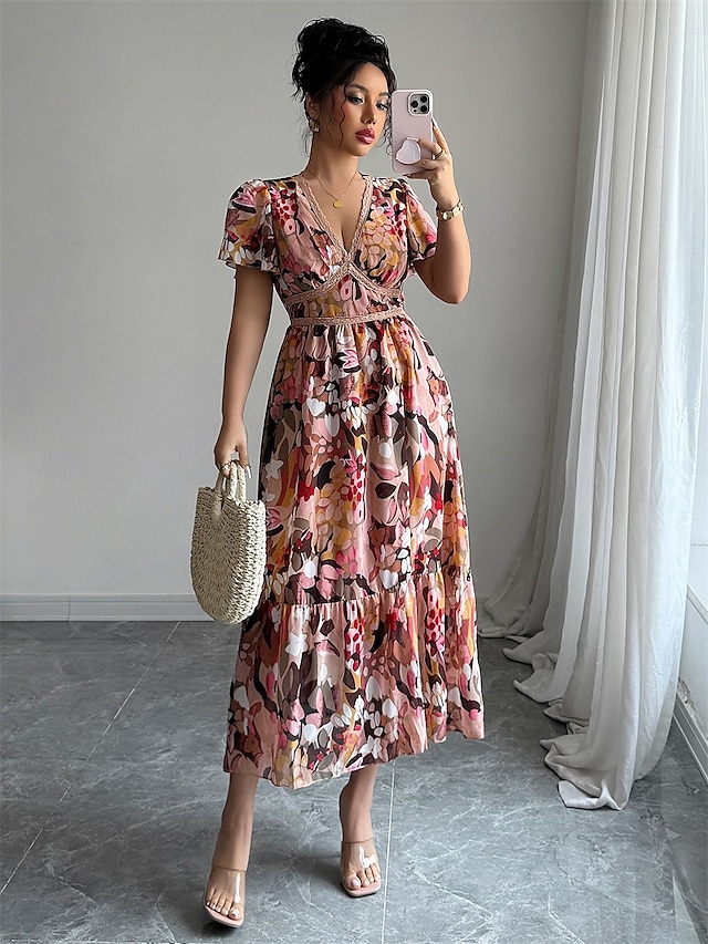  Robe de Quinceanera A-Line Robe élégante Mariage Invité de mariage Longueur thé À manches courtes Col en V Chiffon avec imprimé floral Robe d'invitée de mariage 2025