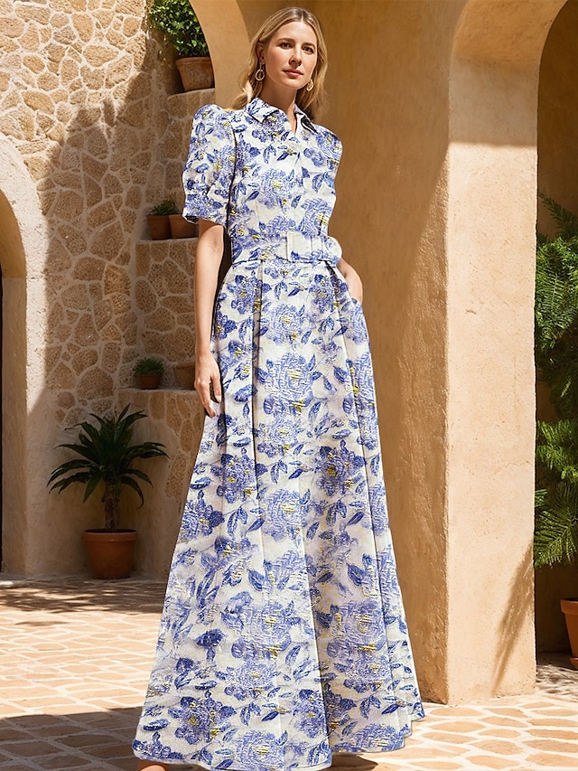  Vestido de Gala A-Line Brocado Vestido de Invitada de Boda Estilo Celebridad Longitud de Suelo Manga Corta Cuello de Camisa Cinturón  Cinta Poliéster con Estampado Floral