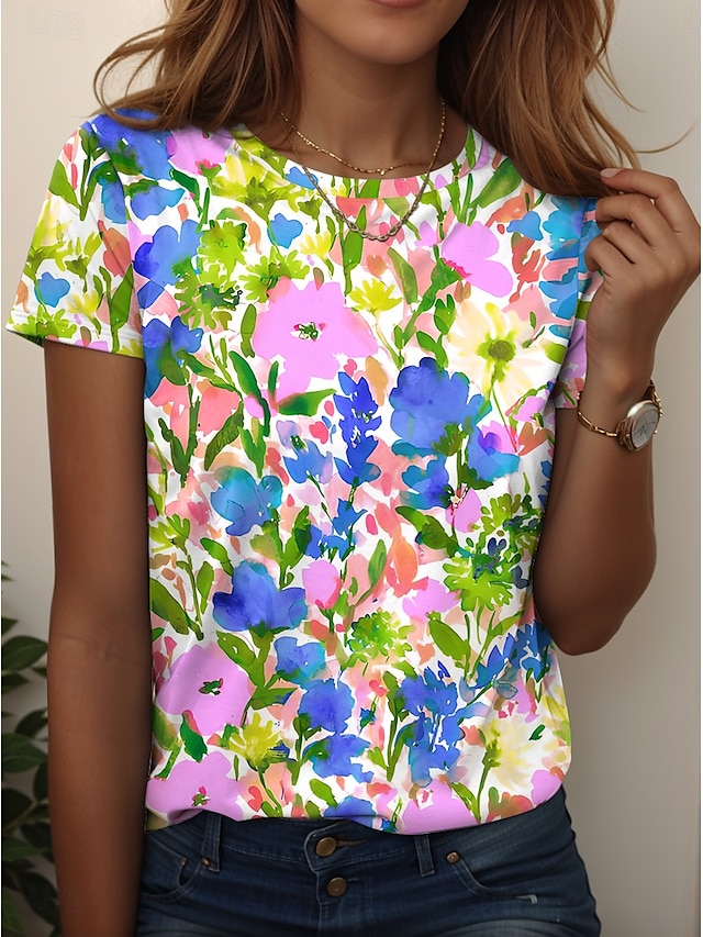  Dames T-shirt Bloemig Grafisch Planten Vintage Stijlvol Klassiek Korte mouw Strakke ronde hals Normale tops Dagelijks Afdrukken Lichtgroen Blozend Roze blauw Groen Rose Roze Zomer Lente