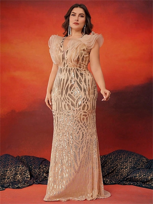  Vestidos Sereia  Trompete Plus Size Vestido Elegante Curvas Formal Casamento Comprimento do Chão Sem Mangas Decote em V Com Lantejoulas com Lantejoulas