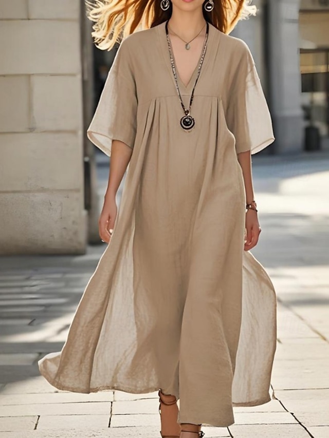  Per donna Abito Midi Abito in cotone e lino Classico Moderno All'aperto Vacanza Ferie Vestibilità regolare Semplice Manica Corta Scollo a V Cachi Estate