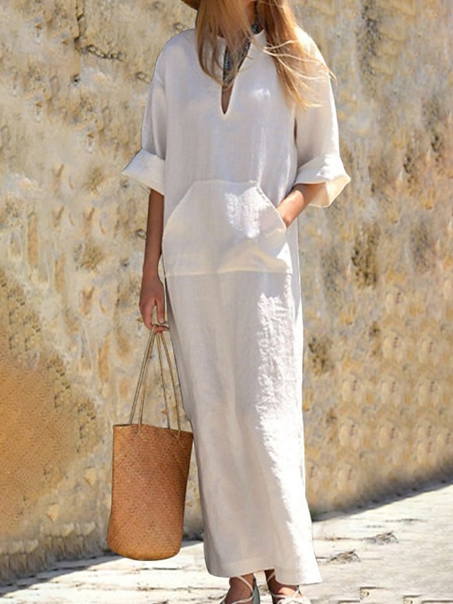  Damen Langes Kleid Maxikleid Baumwoll-Leinenkleid Klassisch Modern Urlaub Täglich Ferien Normale Passform Einfach Halbarm V Ausschnitt Schwarz Weiß Wein Dunkelgray Sommer