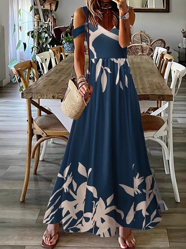  Femmes Robe Longue Maxi Robe Robe Décontractée Robe évasée Mode Extérieur Soirée Fête Coupe régulière A Ombre Sans manches Col en V Bleu Bleu de minuit Été
