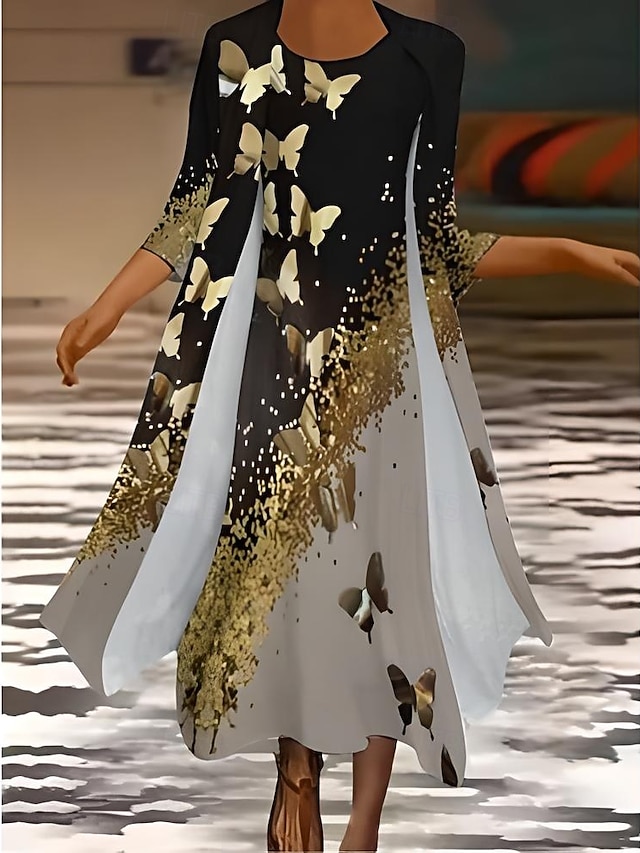  Pentru femei Set de rochii Rochie de vară Vacanță Casual Ombre Floral Imprimeu Rochie Maxi Lungime Manșon 3/4 Stil Nautic Invitat la nunta Zi de Naștere Negru Albastru celest Albastru Închis Var