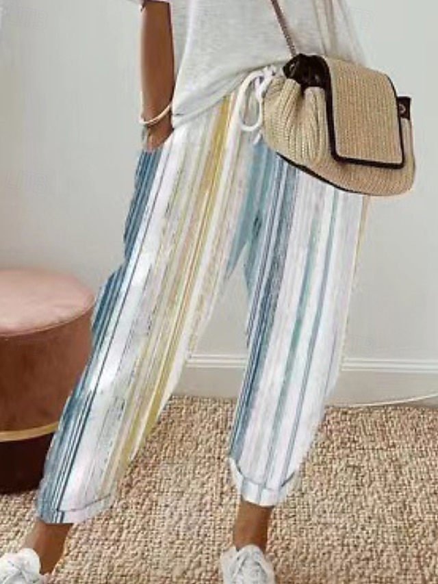  Per donna Pantaloni in cotone e lino Pantaloni Eleganti Casual Lunghezza intera Naturale A righe Tasca Design con Coulisse Elastica All'aperto Confortevole Streetwear Uscire Bianco Blu Cachi Estate