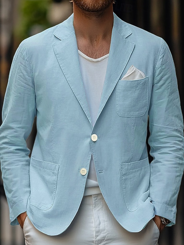  Herre Blazer i lin Sport Coat Avslappet Daglig Vår sommer Bomull og lin Helfarge comfy Enkelt Brystet To-knapp Blazer Beige Lyseblå