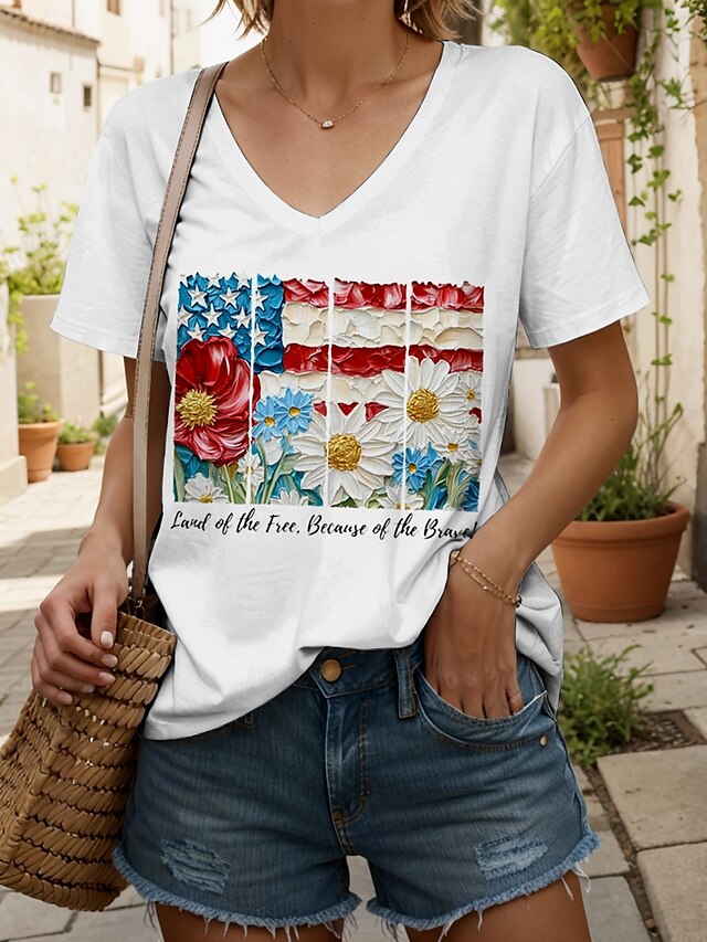  Maglietta Patriottica da Donna Grafica Floreale Lettera Vintage Elegante Classica Maniche Corte Collo A V Regular Tops Stampa Quotidiana Week-end Nero Bianco Rosa Blu Viola Estate Primavera