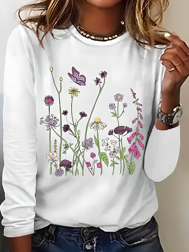 Dame T skjorte Blomstret Grafisk Planter Elegant Årgang Stilfull Langermet Crew-hals Rund hals Vanlige topper Daglig Trykt mønster Svart Hvit Vår Høst