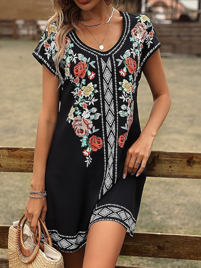  Pentru femei Rochie Mini Rochii Tricou Rochie de Vară Rochie de vară Vacanță Casual Boho Zilnic Ieșire Fit regulat Floral Grafic Manșon scurt În V Negru Roșu Vin Albastru piscină Maro Vară