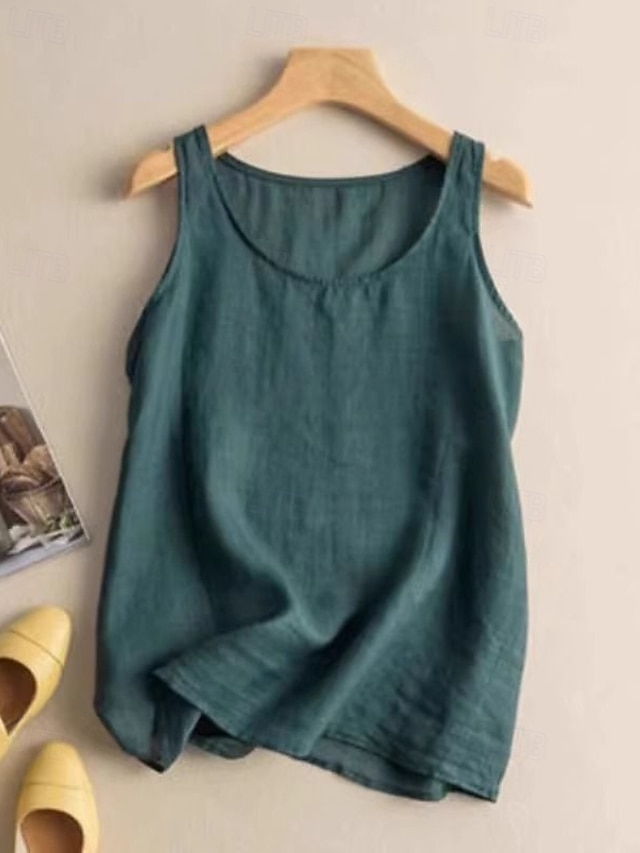  Dame Bomull lin vest Bluse عادي Fritid Ermeløs Crew-hals Vanlige topper Daglig Ferie Hvit Oransje Grønn Kakifarget Sommer
