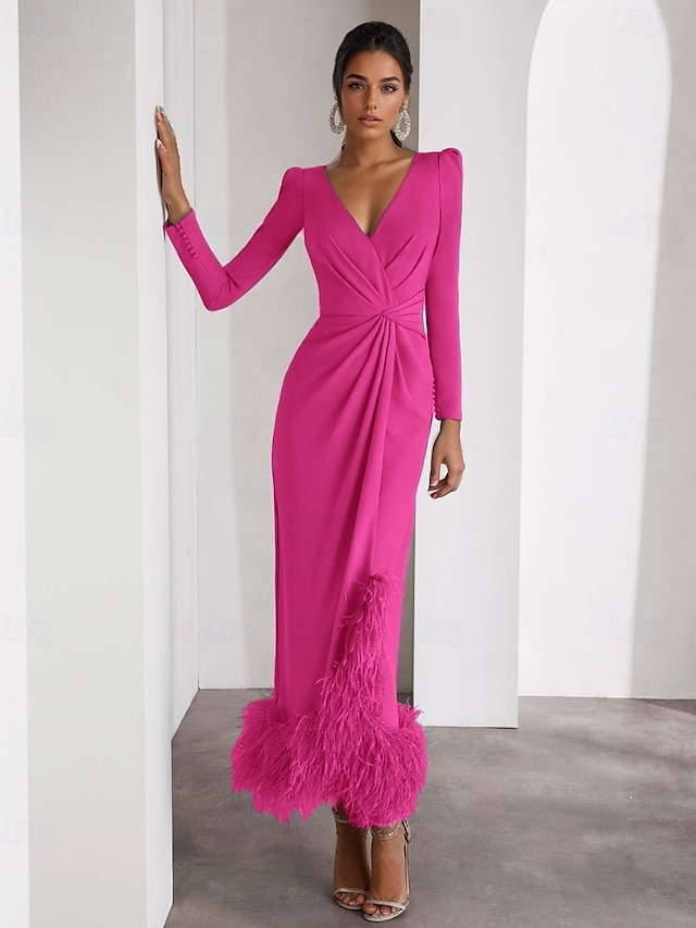  Feather Column Cocktail Formal Dresses Elegant Dress Wedding Guest Ankle Length Long Sleeve V Neck Stretch Crepe