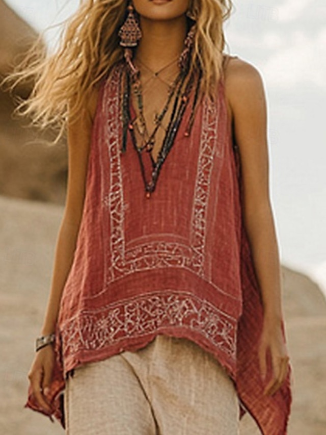 Per donna Camicie di cotone e lino Camicia Boho Set ispirati al lino Blusa Fiore Moderno Boho Senza Maniche Scollo a V Top Regolari Quotidiano Ferie Stampato Arancione Estate