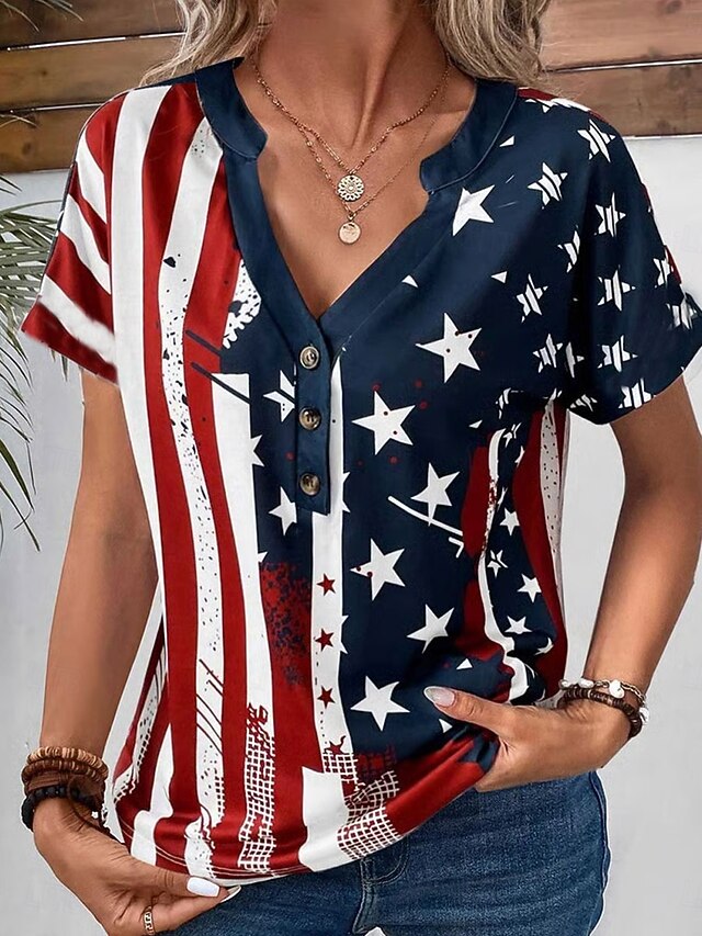 Women's Patriotic  T Shirt Graphic American Flag Vintage Stylish Casual Short Sleeve V Neck Regular Tops Daily Weekend Print Blue Summer4