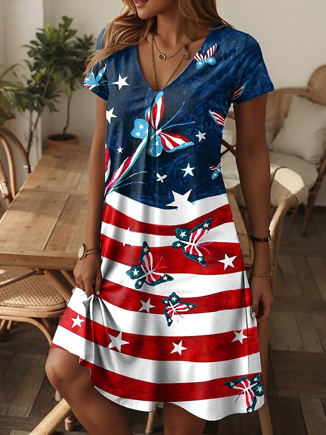  Vestido Patriótico de Veterano para Mujeres Vestido Mini Vestido Tipo Camiseta Vestido de Verano Casual Diarios Ajuste Regular Gráfico Bandera Rojo Blanco y Azul Manga Corta Cuello en V Azul