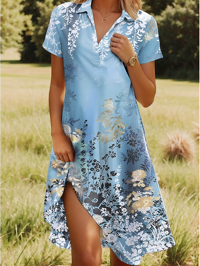  Damen Midikleid A Linie Kleid Sommerkleid Urlaub Lässig Strand Date Sommerkleid Normale Passform Blumen Grafik Kurzarm Revers Rosa Rote Blau Fuchsie Sommer