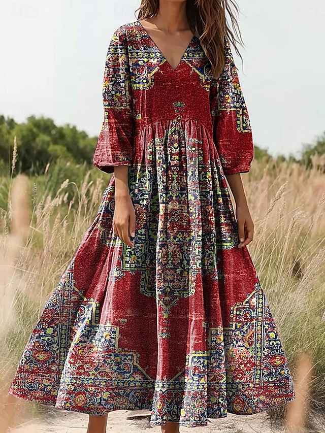  Damen Maxikleid Sommerkleid A Linie Kleid Faltenkleid Urlaub Lässig Boho Ausgehen Standard Passform Blumen Grafik Paisley-Muster Dreiviertelarm V Ausschnitt Rosa Rote Blau Orange Sommer Frühling