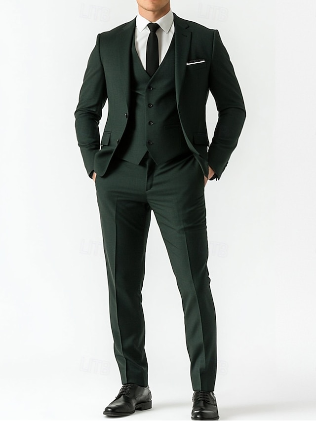  Men's Business Suits Homecoming Suits Sage Dark Green Fashion Formal Solid Colored Standard Fit 3 Piece Single Breasted Two-buttons