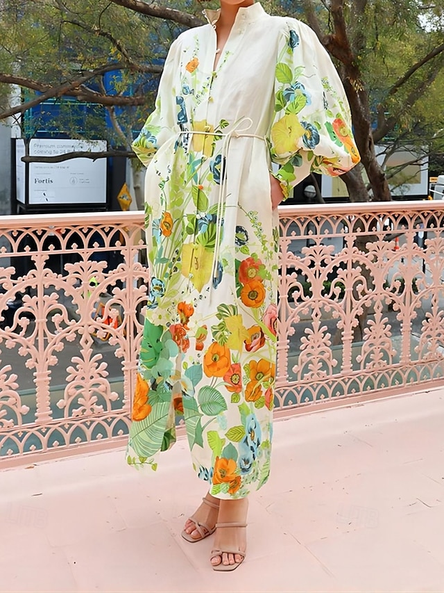  Pentru femei Rochie Lunga Rochie Maxi Rochii de in bumbac Rochie casual Modă Mâneci Bufante În aer liber Petrecere Concediu Fit regulat Floare Manșon Lung Guler Cămașă Trifoi Vară
