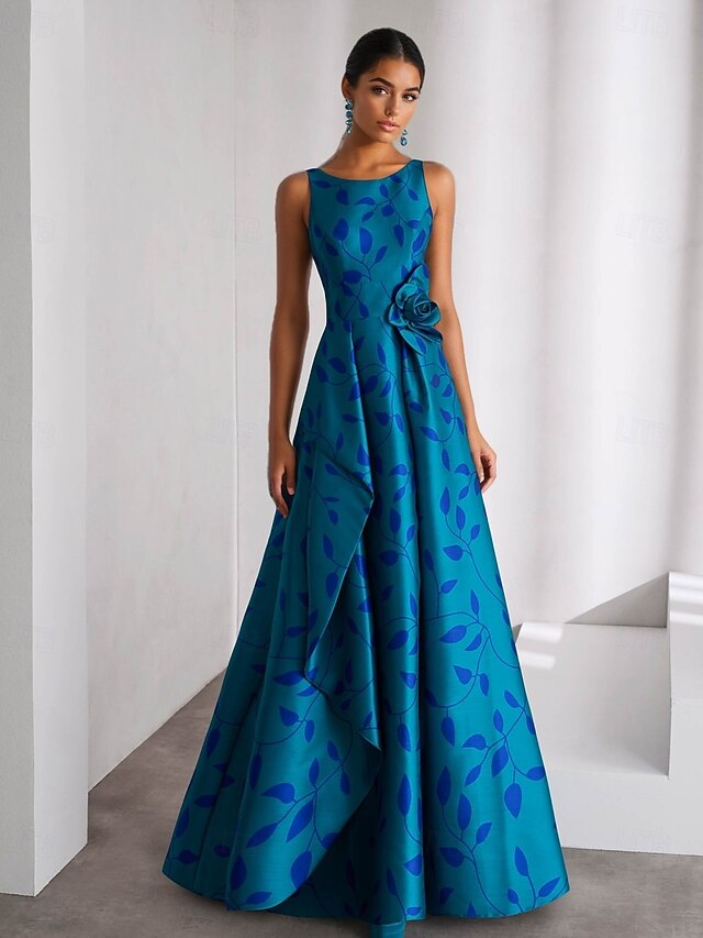 A-Line Evening Gown Elegant Dress Formal Wedding Floor Length Sleeveless Boat Neck Pocket Satin with Floral Print Wedding Guest Dress4