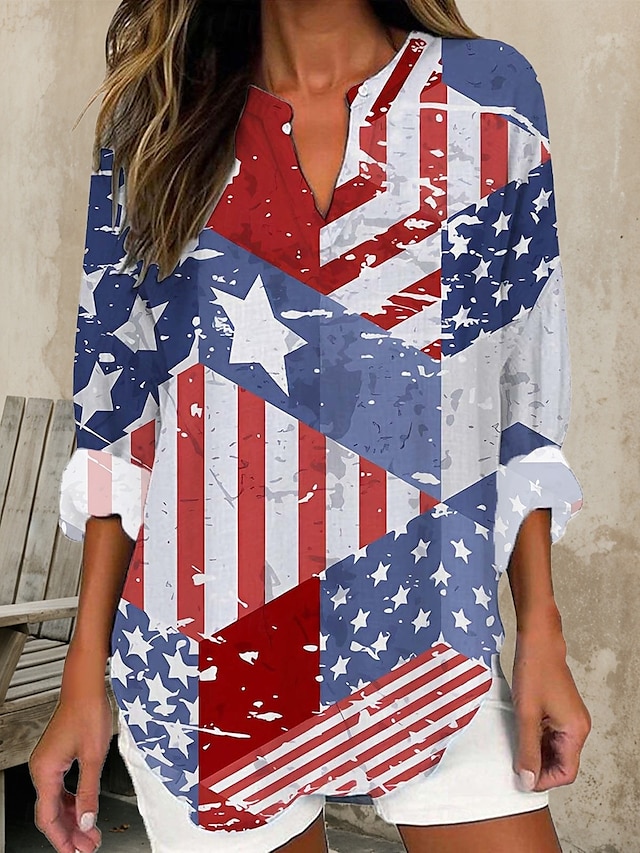  Independence Day Women's Patriotic Fourth of July Blouse Graphic Flag Vintage Tropical Hawaiian Long Sleeve V Neck Regular Tops Daily Holiday Beach Wear Print Yellow Red Blue Summer Spring