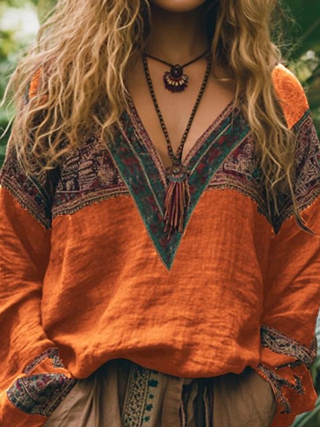  Women's Cotton Linen Shirts Boho Shirt Blouse Flower Modern Boho Long Sleeve V Neck Regular Tops Holiday Going out Print Black Red Orange Dark Gray Apricot Summer