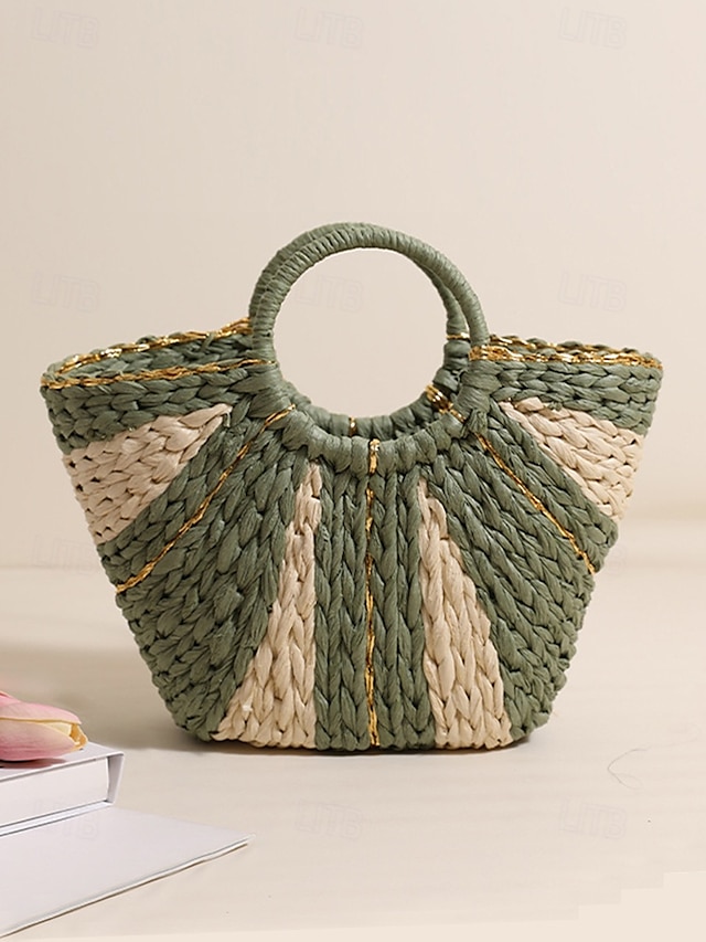  Sac de plage élégant en paille tressée pour femme avec poignées circulaires, grande capacité, design bohème écologique, parfait pour l'été, les vacances et les excursions d'une journée