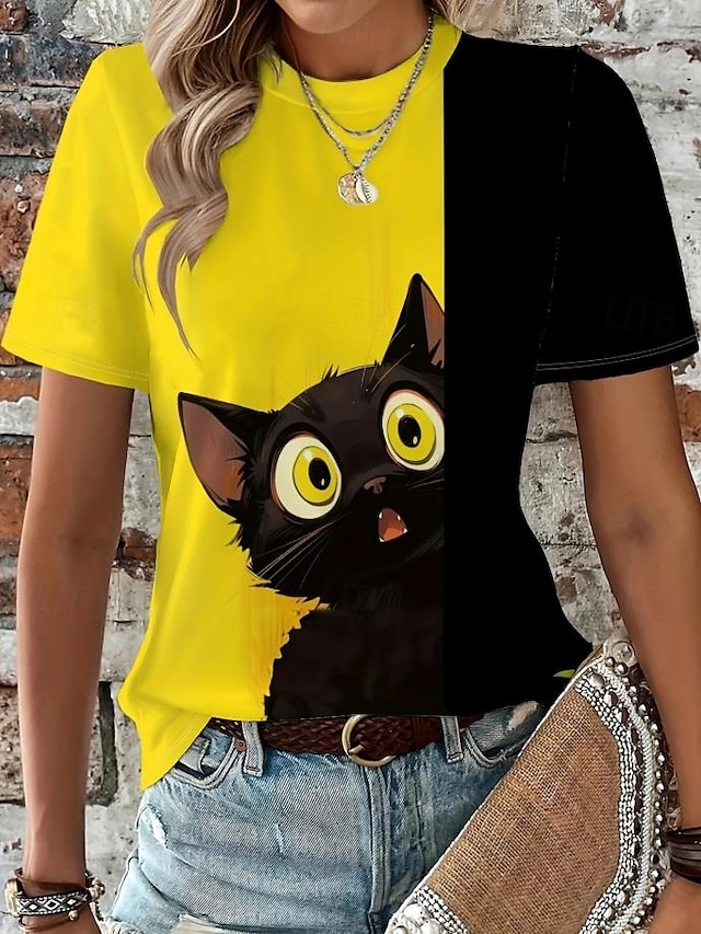  Femmes T-shirt Graphique Animal Chat ancien Élégant Classique Manche Courte Col ras du cou Col rond Hauts Réguliers Quotidien Week-end Imprimé Jaune Été Printemps