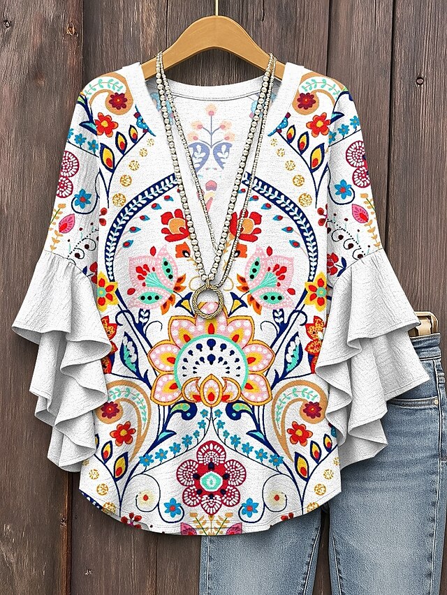 Blusa Da Donna Collo A V Manica A Strati Con Volant Grafica Floreale Paisley Quotidiana Elegante Casual Manica 3 4 Top Regolari Abbigliamento Da P16078128