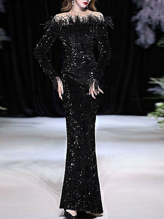  Mermaid / Trumpet Quinceanera Dresses Elegant Dress Formal Wedding Floor Length Long Sleeve Off Shoulder Sequined with Sequin