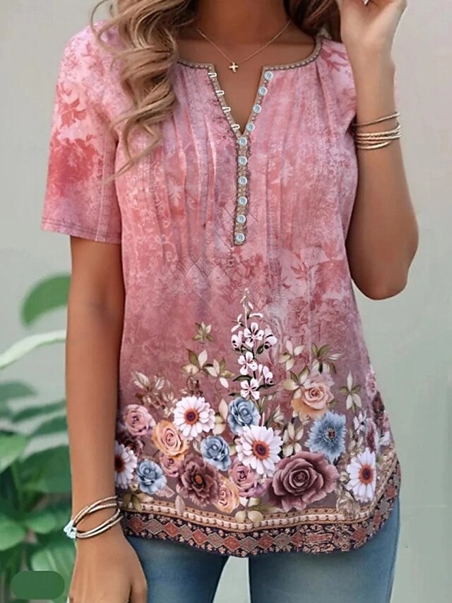 Women's Cotton Shirt Floral Graphic Plants Basic Short Sleeve Round Neck Regular Tops Daily Weekend Beach Wear Buttons Print Pink Green Summer Spring3