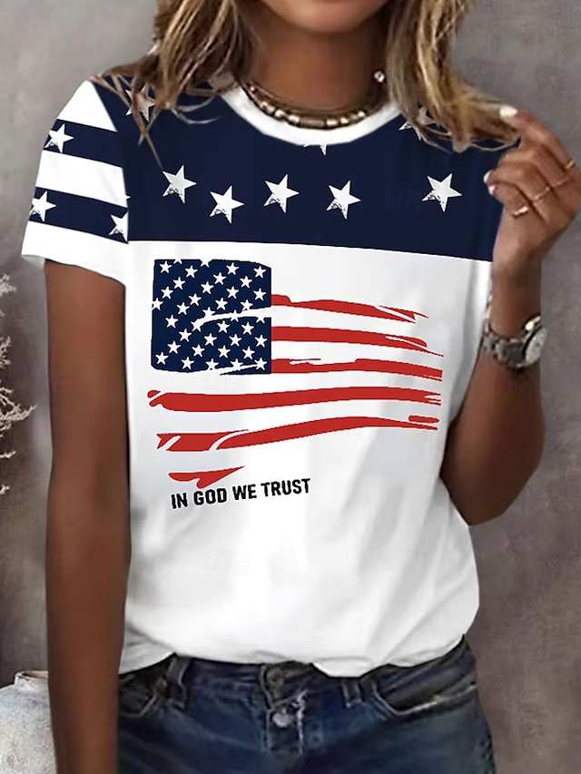  Independence Day Women's Patriotic Fourth of July T Shirt Graphic Flag Vintage Stylish Classic Short Sleeve Crew Neck Regular Tops Daily Weekend Print Black Red Blue Summer