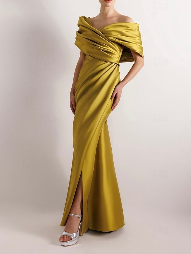  Yellow Dress High Fashion Mustard Dress Mermaid / Trumpet Evening Gown Cocktail Dress Formal Wedding Floor Length Sleeveless Off Shoulder Satin with Ruched Details Slit 2025