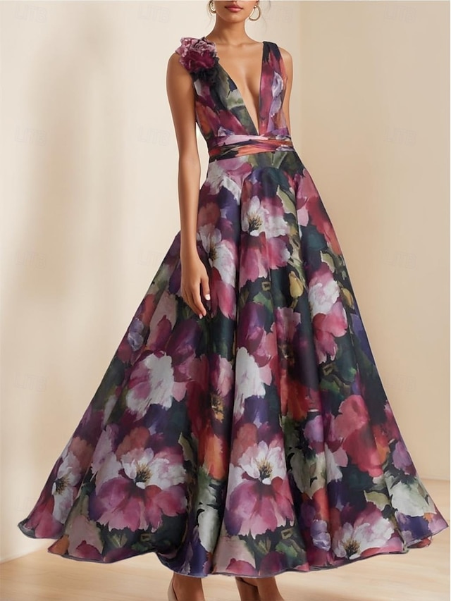  Robe de soirée A-Line élégante robe formelle invitée de mariage longueur sol sans manches décolleté en V en organza avec imprimé floral fleur d'épaule robe invitée de mariage