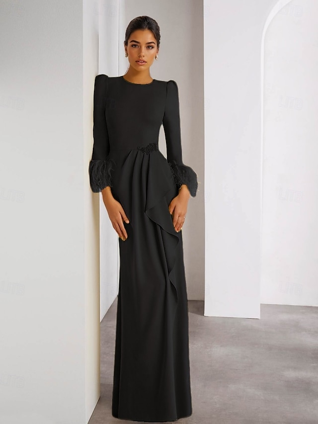 Long Sleeve Maxi Crepe Column Regular Evening Dress efl20403