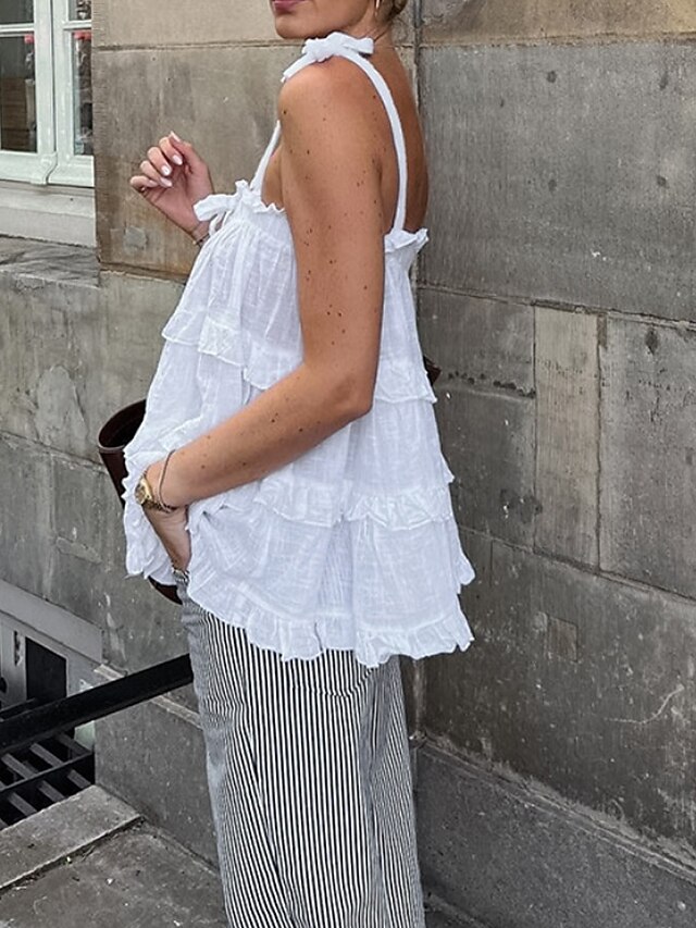  Mulheres Camisas de algodão e linho Blusa Tecido Moderno Casual Sem Manga Com Alças Tops regulares Diário Para Noite Com Corte Branco Verão