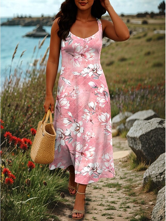  Femmes Robe maxi Robe trapèze Robe à épaules dénudées Vacances Occasionnel Chaussures de plage Soirée Plage Coupe régulière Fleuri Graphique Sans manches Col carré Rose Claire Bleu Vert Kaki Ét