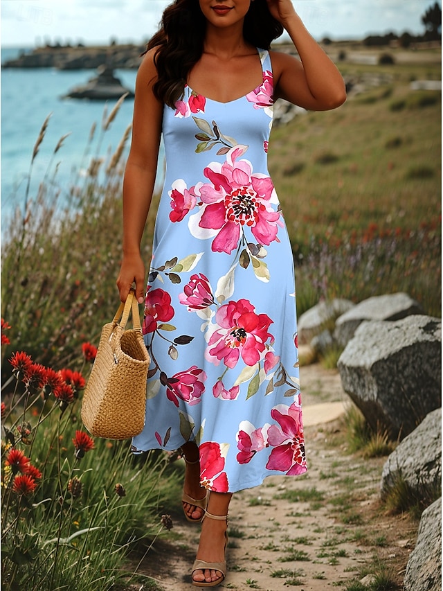  Pentru femei Rochie Maxi Rochie A line Rochie cu umeri Vacanță Casual Stiluri de Plajă Petrecere Fit regulat Floral Grafic Fără manșon Pătrat Negru Alb Albastru piscină Trifoi Vară Primăvară