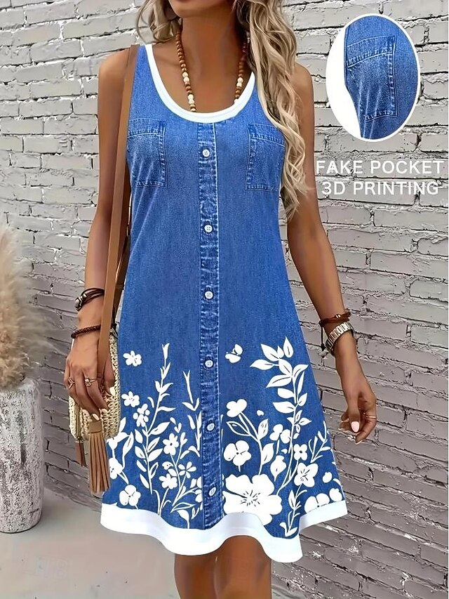Women's Mini Dress Sundress A Line Dress Summer Dress Vacation Casual Daily Regular Fit Floral Graphic Sleeveless U Neck Blue Summer4