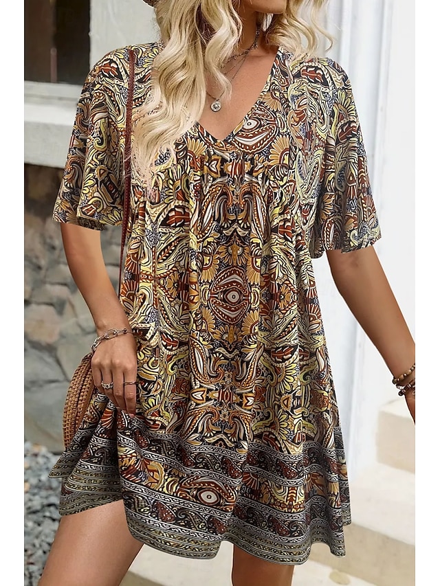  Damskie Sukienka mini Sukienka A line Letnie sukienki Urlop Codzienny Boho Codzienny Święto Regularny W Tureckie Wzory Krótki rękaw W serek Żółty Fioletowy Lato