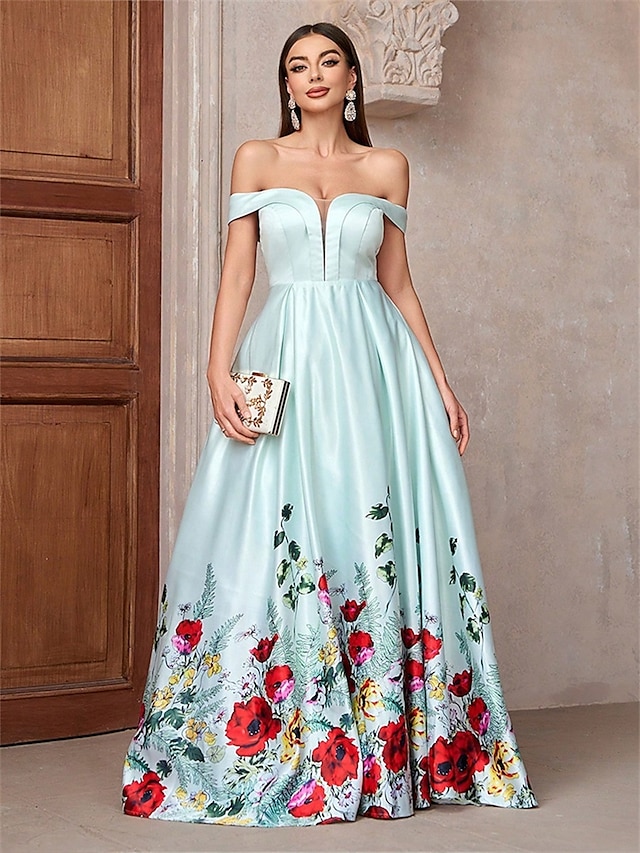  A-Linie Abendkleid Elegant Kleid Formell Hochzeit Bodenlang Ärmellos Trägerlos Satin Rückenfrei mit Blumenmuster 2025