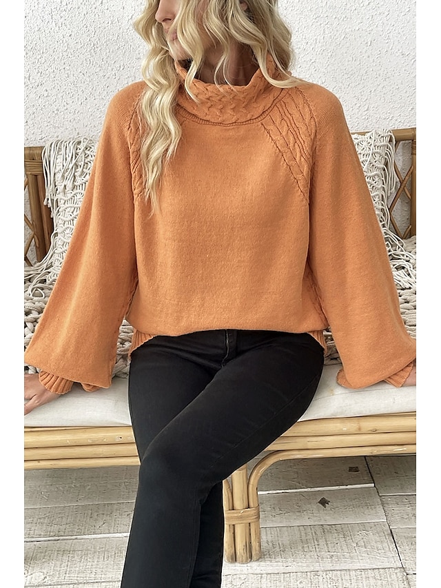  Dam Tröja Elegant Ledigt Mjukt Ren färg Ribbad Polokrage Stickat Långärmad Vanliga toppar Sticka Utomhus Dagligen Helgen Orange Höst Vinter