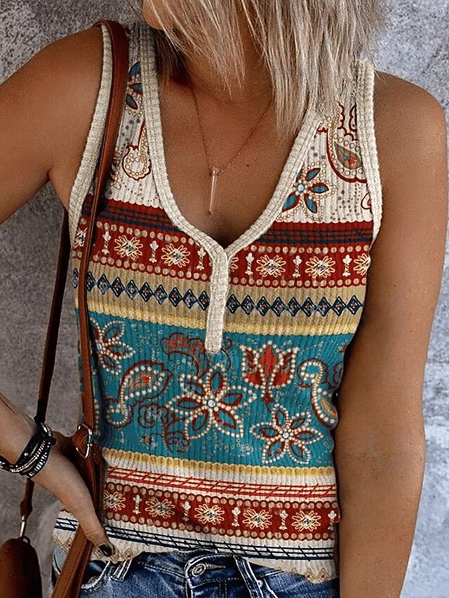 Women's Camisole Tank Top Graphic Geometric Bohemia Vintage Stylish Sleeveless Sleeveless V Neck Crop Tops Daily Print Blue Brown Khaki Summer Spring4